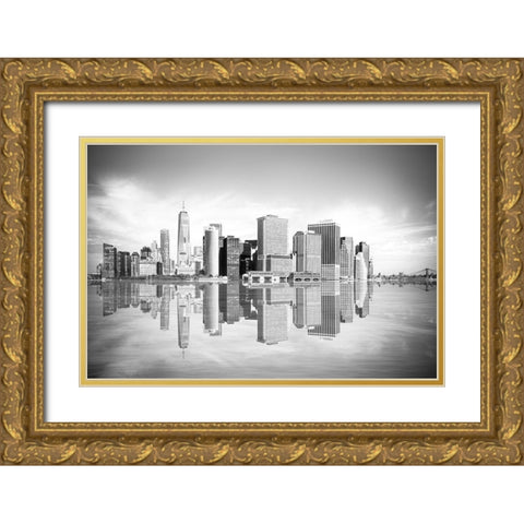 New York Downtown Cityscape Gold Ornate Wood Framed Art Print with Double Matting by Anon.