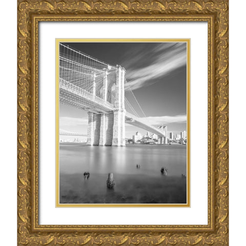 Brooklyn Bridge Black and White Gold Ornate Wood Framed Art Print with Double Matting by Masik, Marek