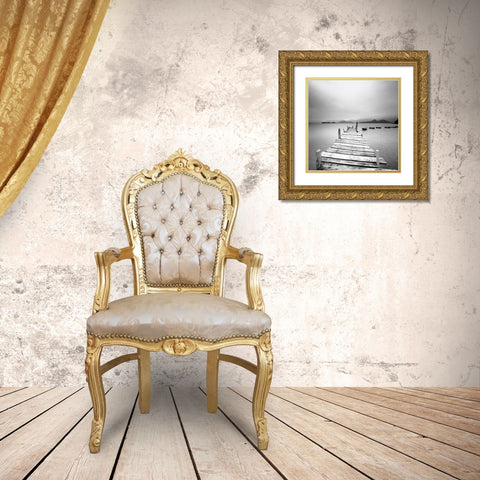 Pier at the Autumn River Gold Ornate Wood Framed Art Print with Double Matting by Cho Pan, Leung