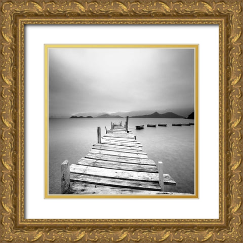 Pier at the Autumn River Gold Ornate Wood Framed Art Print with Double Matting by Cho Pan, Leung