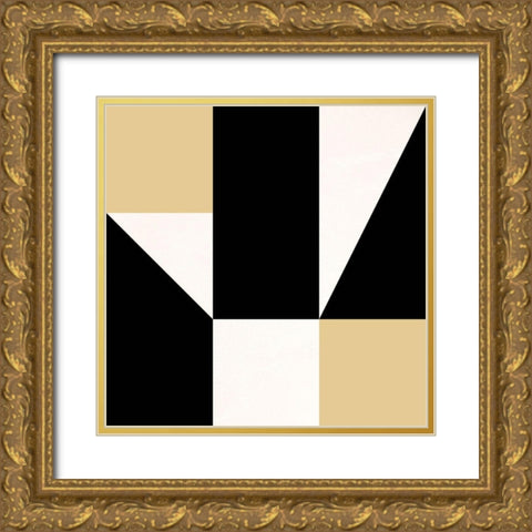 Geometric Abstract Black,Tan and White Gold Ornate Wood Framed Art Print with Double Matting by Inuit