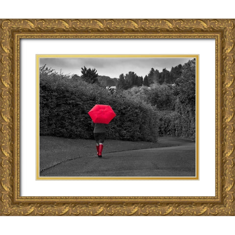 Red Boots and Umbrella Gold Ornate Wood Framed Art Print with Double Matting by Anonymous