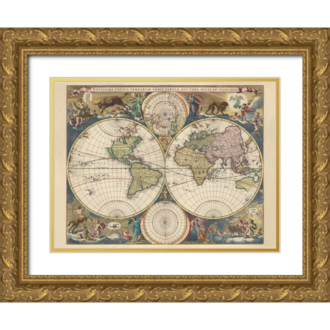 Terrarium Orbis Tabula Gold Ornate Wood Framed Art Print with Double Matting by Visscher, Nicholas