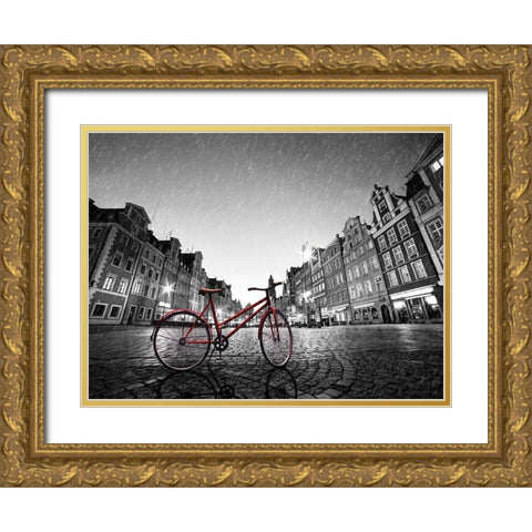 Red Bike on Cobble Stone Street Gold Ornate Wood Framed Art Print with Double Matting by Bednarek, M.