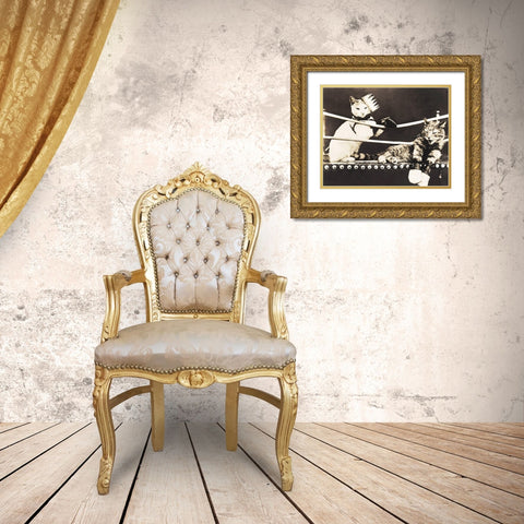 Catfight Gold Ornate Wood Framed Art Print with Double Matting by Anonymous