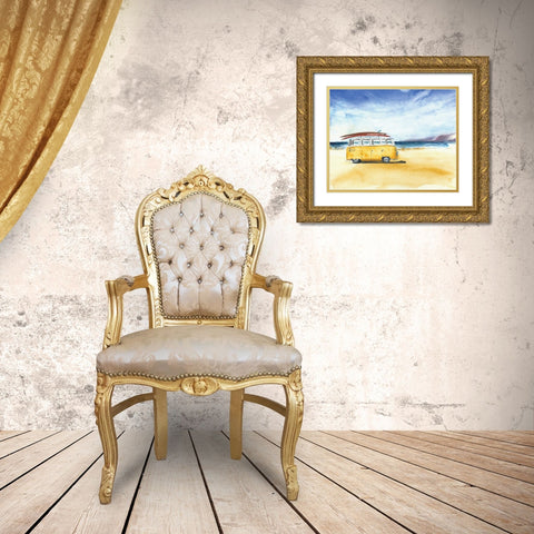Yellow Minivan with Surfboards Gold Ornate Wood Framed Art Print with Double Matting by Anonymous