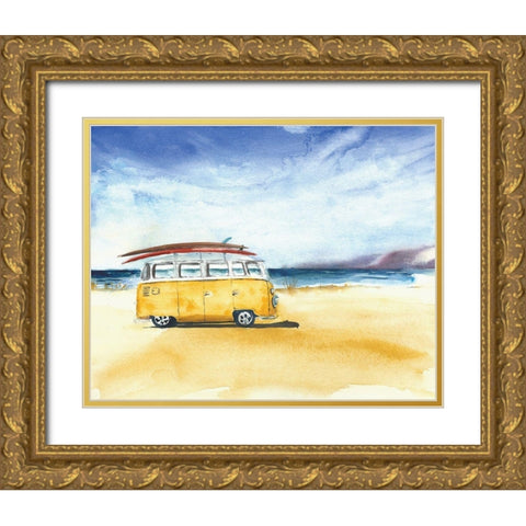 Yellow Minivan with Surfboards Gold Ornate Wood Framed Art Print with Double Matting by Anonymous