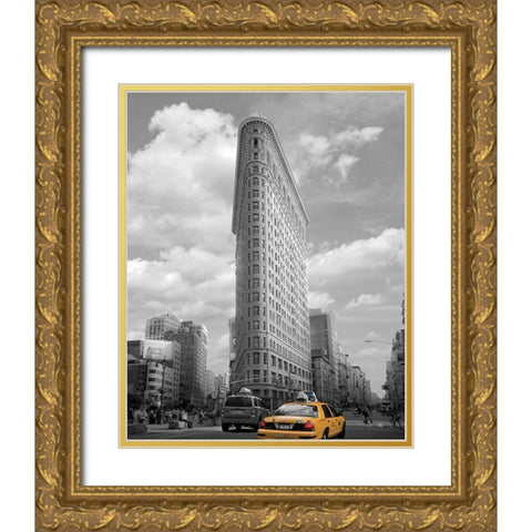 Yellow Cabs at Flatiron Building Gold Ornate Wood Framed Art Print with Double Matting by Maloratsky, Igor
