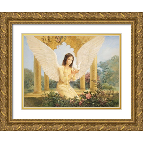 Angel and Dove Gold Ornate Wood Framed Art Print with Double Matting by Unknown