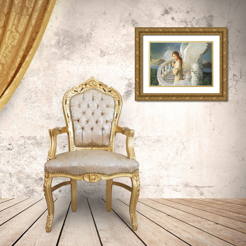Angel on Stairway Gold Ornate Wood Framed Art Print with Double Matting by Unknown