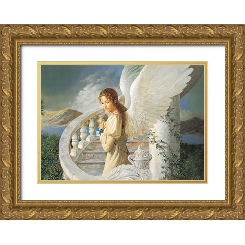 Angel on Stairway Gold Ornate Wood Framed Art Print with Double Matting by Unknown