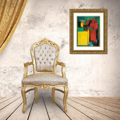 Abstract Yellow/Red Gold Ornate Wood Framed Art Print with Double Matting by Unknown
