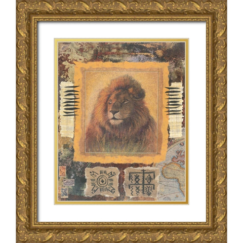 Lion Stamp Gold Ornate Wood Framed Art Print with Double Matting by Unknown