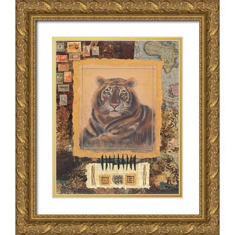 Tiger Stamp Gold Ornate Wood Framed Art Print with Double Matting by Unknown