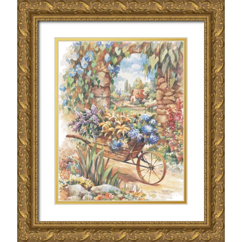 Wheelbarrow of Flowers Gold Ornate Wood Framed Art Print with Double Matting by Unknown