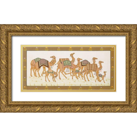 Camels Panel Gold Ornate Wood Framed Art Print with Double Matting by Unknown