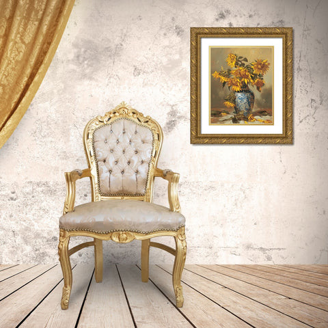 Sunflowers in Vase II Gold Ornate Wood Framed Art Print with Double Matting by Unknown