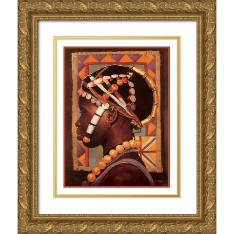 African Head Dress Gold Ornate Wood Framed Art Print with Double Matting by Unknown