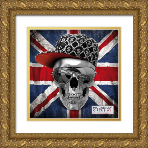 Skull Union Jack Gold Ornate Wood Framed Art Print with Double Matting by Braun Studio