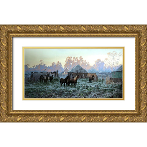 Horses in old Village Gold Ornate Wood Framed Art Print with Double Matting by Adamov, Alexey