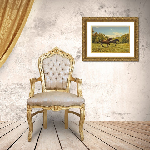 Running Horses II Gold Ornate Wood Framed Art Print with Double Matting by Adamov, Alexey