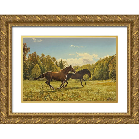 Running Horses II Gold Ornate Wood Framed Art Print with Double Matting by Adamov, Alexey