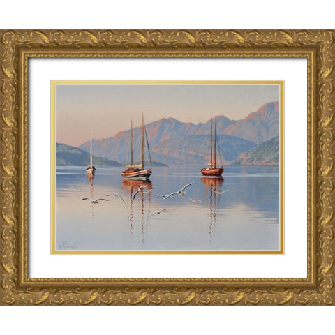 Yacht and Seagulls Gold Ornate Wood Framed Art Print with Double Matting by Adamov, Alexey