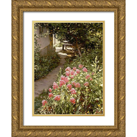 Grandmothers Courtyard Gold Ornate Wood Framed Art Print with Double Matting by Adamov, Alexey