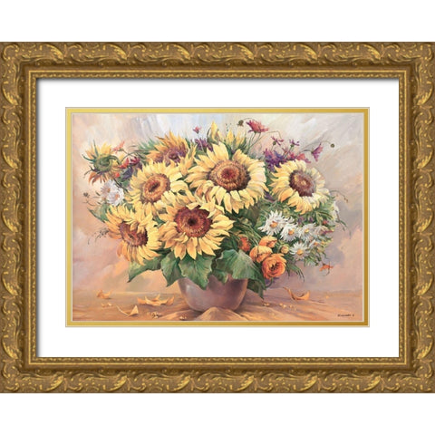 Sunflowers in Vase Gold Ornate Wood Framed Art Print with Double Matting by Belousova, Irina
