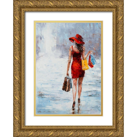 Shopping Girl in Red Gold Ornate Wood Framed Art Print with Double Matting by Kowalik, Jolanta