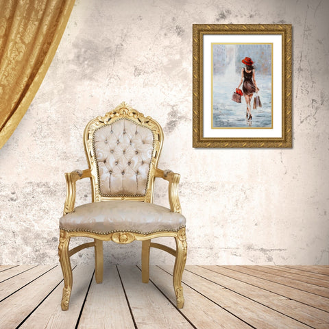 Shopping Girl in Brown Gold Ornate Wood Framed Art Print with Double Matting by Kowalik, Jolanta
