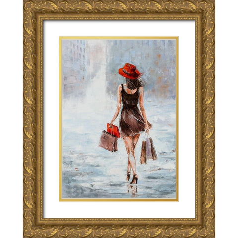 Shopping Girl in Brown Gold Ornate Wood Framed Art Print with Double Matting by Kowalik, Jolanta