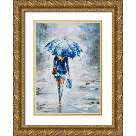 Lady in Blue with Umbrella Gold Ornate Wood Framed Art Print with Double Matting by Kowalik, Jolanta