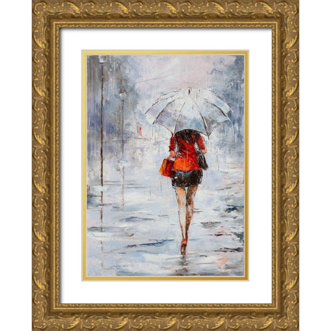 Lady in Red with Umbrella Gold Ornate Wood Framed Art Print with Double Matting by Kowalik, Jolanta