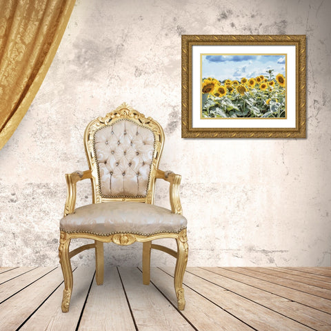 Many Sunflowers Gold Ornate Wood Framed Art Print with Double Matting by Medeiros, Celito