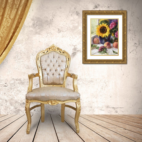 Still Life with Sunflowers and Peaches Gold Ornate Wood Framed Art Print with Double Matting by Strube, Ling