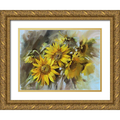 Sketch of a Sunflower Gold Ornate Wood Framed Art Print with Double Matting by Rogozina, Svetlana