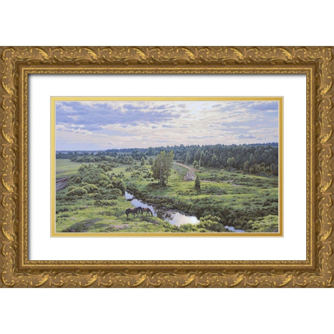 Landscape with River Gold Ornate Wood Framed Art Print with Double Matting by Adamov, Alexey