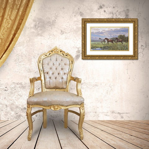 Three Running Horses Gold Ornate Wood Framed Art Print with Double Matting by Adamov, Alexey