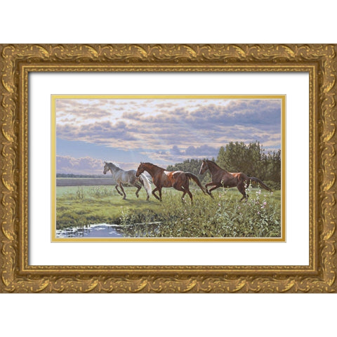 Three Running Horses Gold Ornate Wood Framed Art Print with Double Matting by Adamov, Alexey