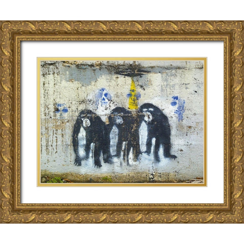 Three Monkeys Gold Ornate Wood Framed Art Print with Double Matting by Grayscale