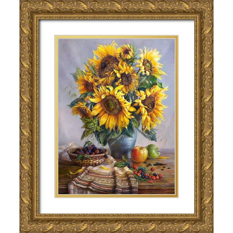 Sunflowers Gold Ornate Wood Framed Art Print with Double Matting by Dandorf, Olga