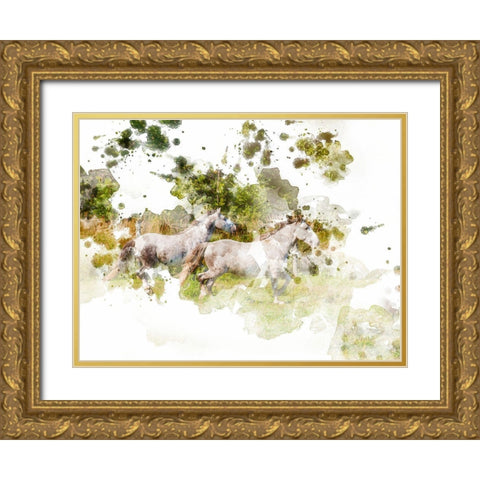 Stallions Gold Ornate Wood Framed Art Print with Double Matting by Young, Chamira