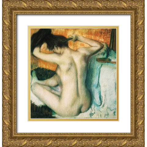 Woman Combing her Hair Gold Ornate Wood Framed Art Print with Double Matting by Degas, Edgar