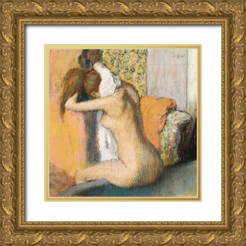 After the Bath Gold Ornate Wood Framed Art Print with Double Matting by Degas, Edgar