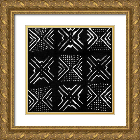 Mudcloth Black V Gold Ornate Wood Framed Art Print with Double Matting by Roberts, Ellie