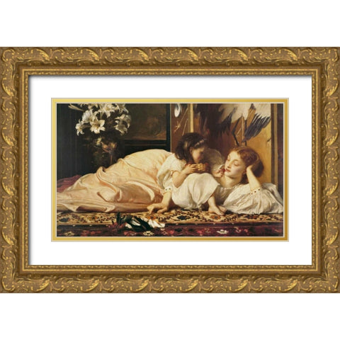 Mother and child Gold Ornate Wood Framed Art Print with Double Matting by Leighton, Frederic
