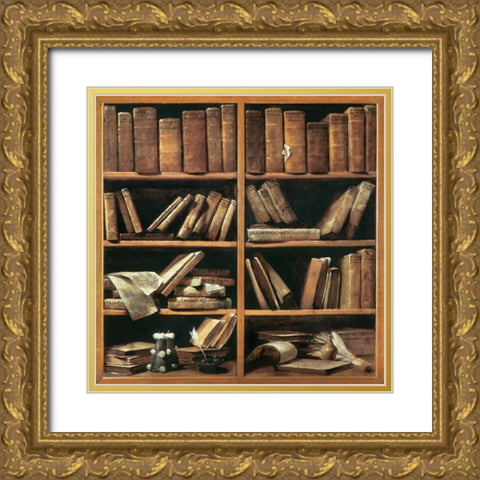 Scaffali con libri di musica Gold Ornate Wood Framed Art Print with Double Matting by Crespi, Giuseppe Maria