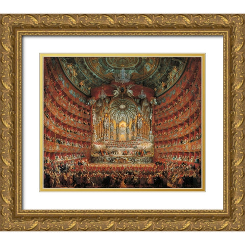 Festa In Teatro A Roma Gold Ornate Wood Framed Art Print with Double Matting by Panini, Giovanni Paolo