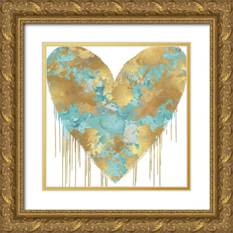 Big Hearted Aqua and Gold Gold Ornate Wood Framed Art Print with Double Matting by Rodgers, Lindsay